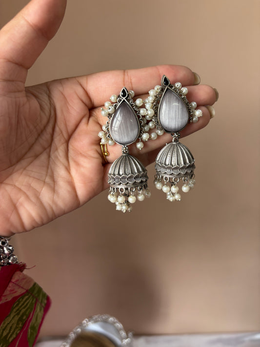 Silver Jhumka Earrings with Pearls
