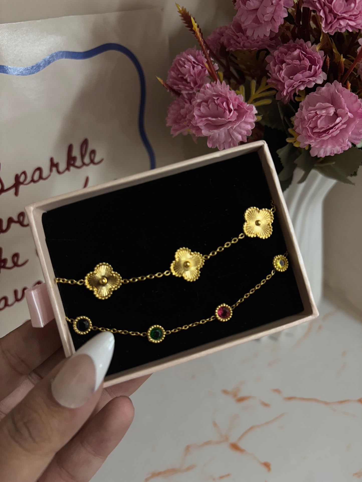 Golden clover + multicolour bracelet